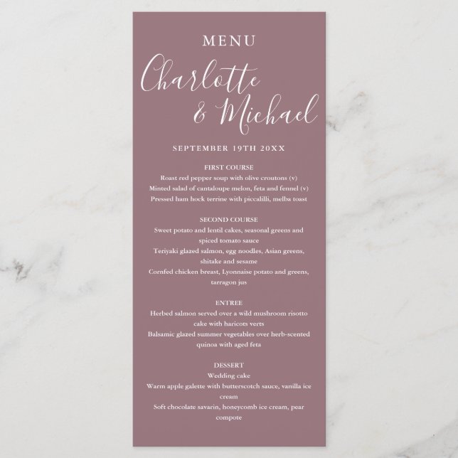Menu de mariage élégant mauve écriture signature (Devant)