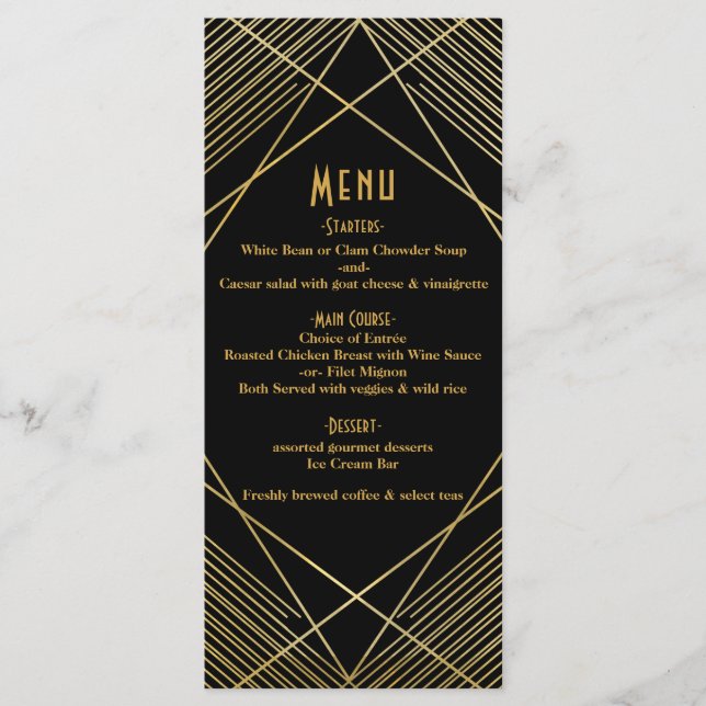 Menu de mariage élégant moderne glamour Deco or et (Devant)