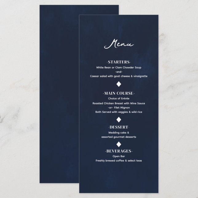 Menu de mariage élégant moderne minimal bleu marin (Devant / Derrière)