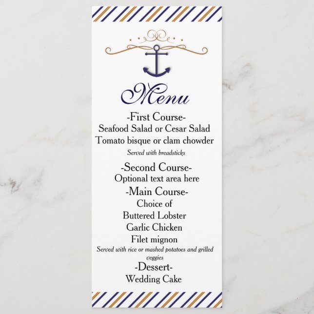 Menu de mariage élégant nautique rayé or bleu (Devant)