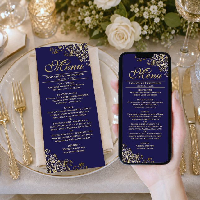 Menu de mariage élégant Navy & Or téléchargeable (Available as printed cards or as a digital download.)