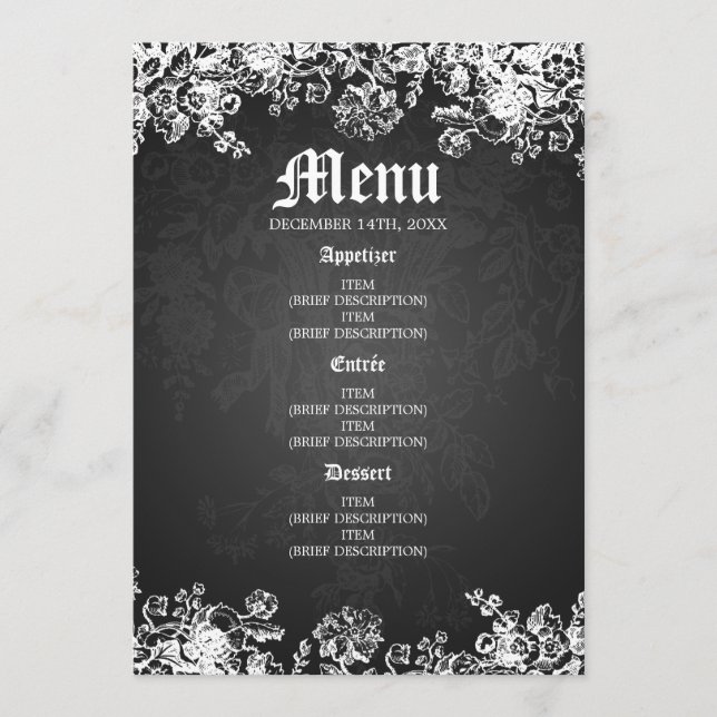 Menu de mariage élégant Noir de style victorien (Devant)