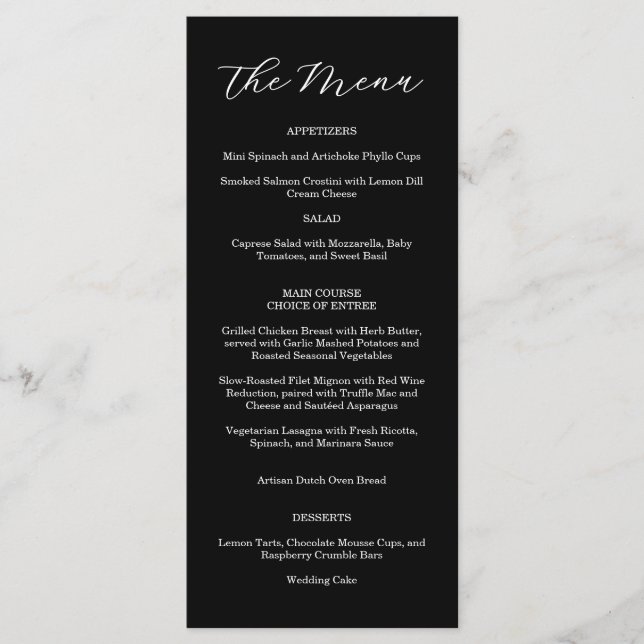 Menu de mariage élégant noir et blanc  (Devant)
