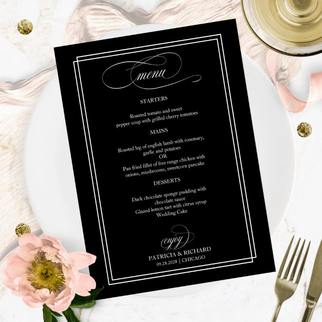 Menu de mariage élégant noir et blanc (Créateur téléchargé)