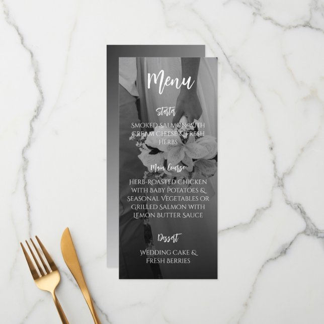 Menu de mariage élégant noir et blanc (Devant/Arrière en situation)