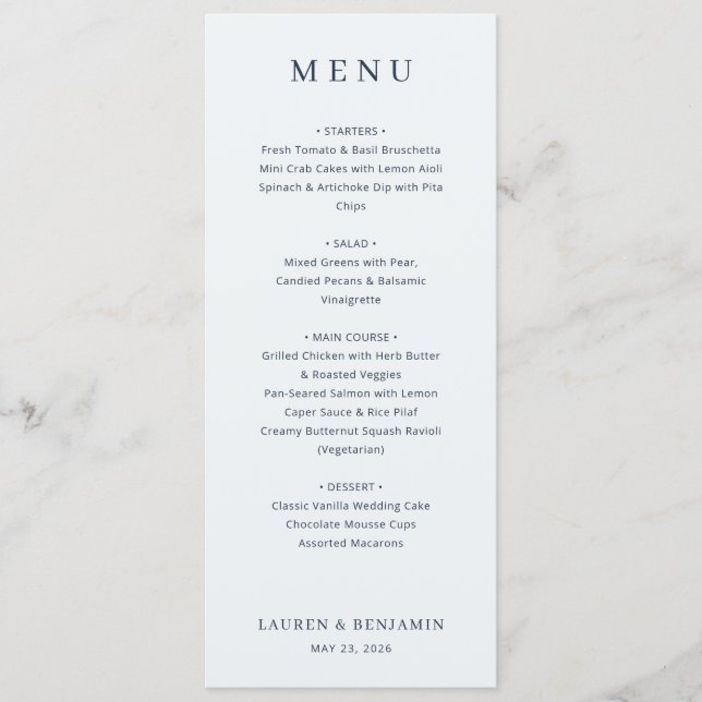 Menu de mariage élégant noir et blanc (Devant)