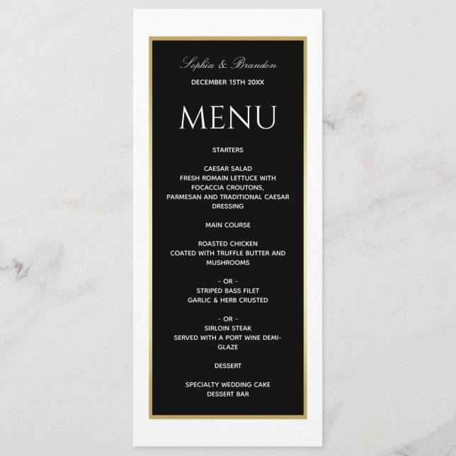 Menu de mariage élégant noir et blanc (Devant)