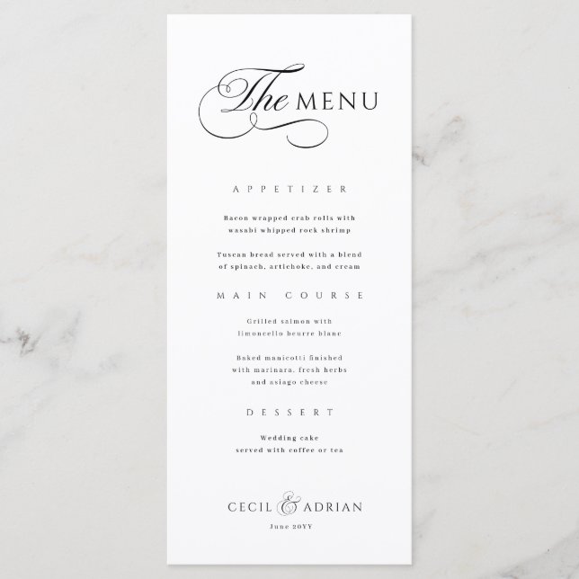 Menu de mariage élégant noir et blanc calligraphié (Devant)