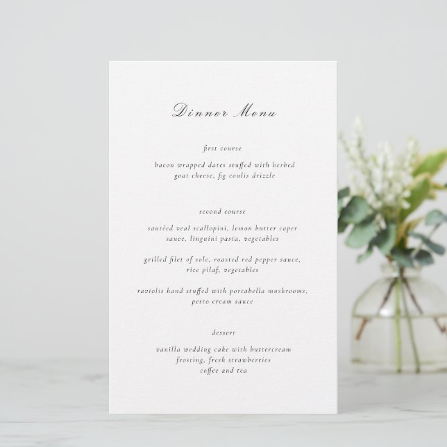 Menu de mariage élégant noir et blanc épuré (Debout devant)