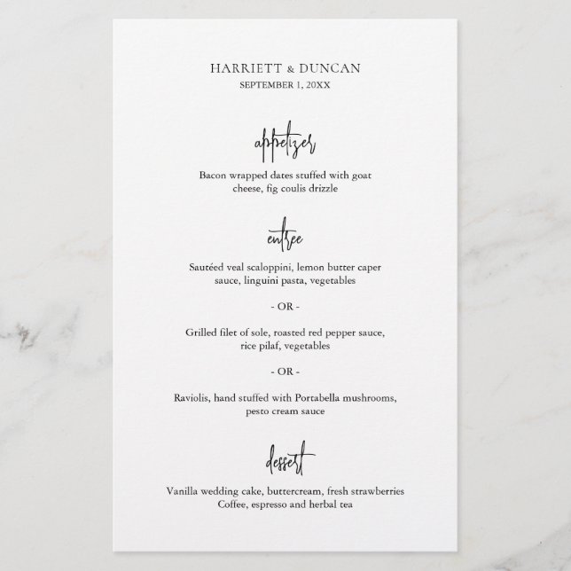 Menu de mariage élégant noir et blanc intemporel (Devant)