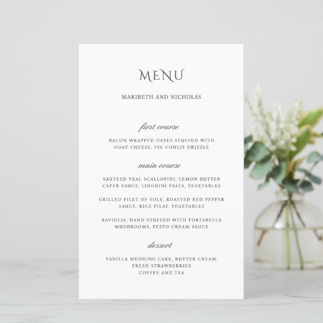 Menu de mariage élégant noir et blanc moderne (Debout devant)