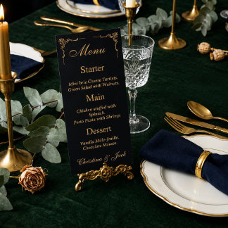 Menu de mariage élégant noir et or