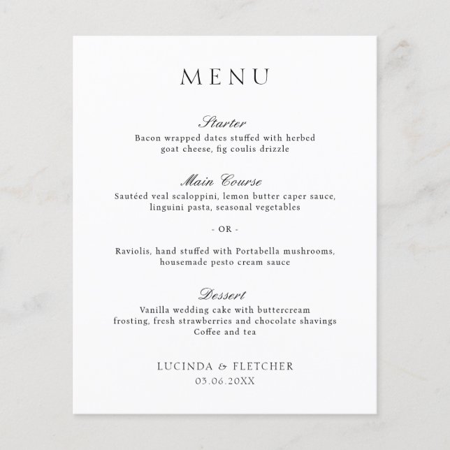 Menu de mariage élégant Old Money noir et blanc (Devant)