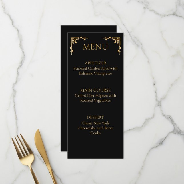 Menu de mariage Élégant Onyx Noir et Or Flourish (Devant/Arrière en situation)