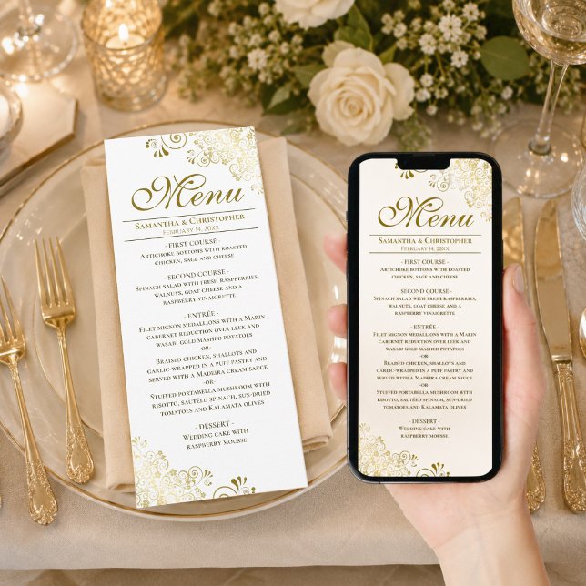 Menu de mariage élégant or et blanc téléchargeable (Available as Printed Cards or as a Digital Download)