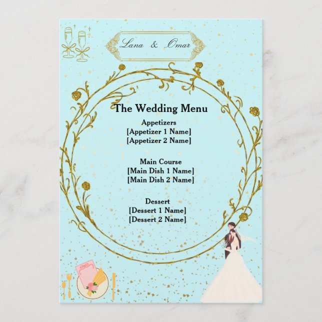 Menu de mariage élégant or géométrique bleu poussi (Devant)