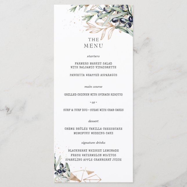 Menu de mariage élégant or vert olive (Devant)