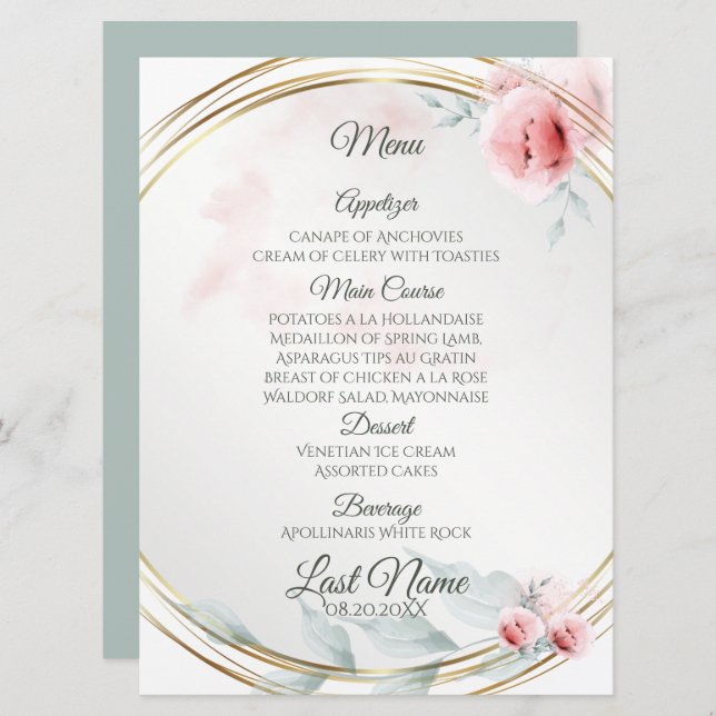 Menu de mariage | Elégant rose rose pâle (Devant / Derrière)