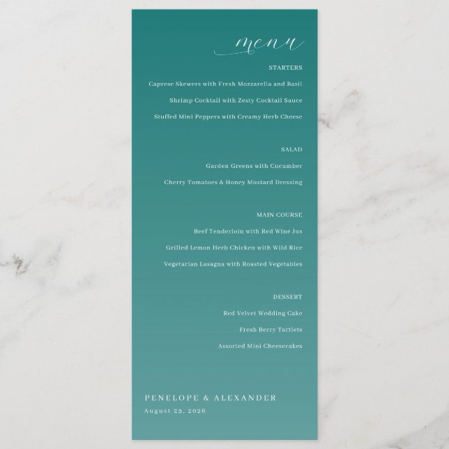 Menu de mariage élégant sarcelle (Devant)