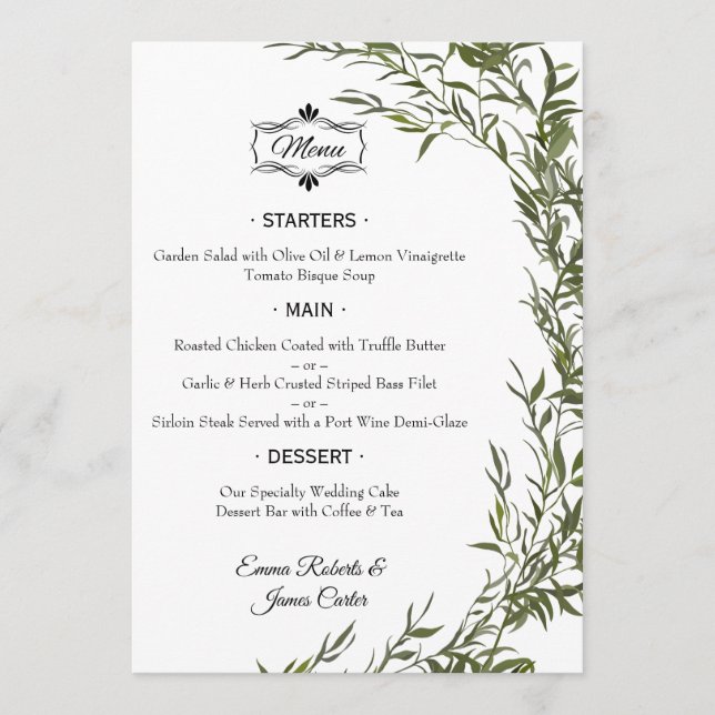 Menu de mariage élégant sur table avec verdure (Devant)