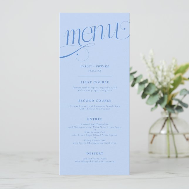 Menu de mariage Elegant Tourbillon Bleu Glacé (Debout devant)