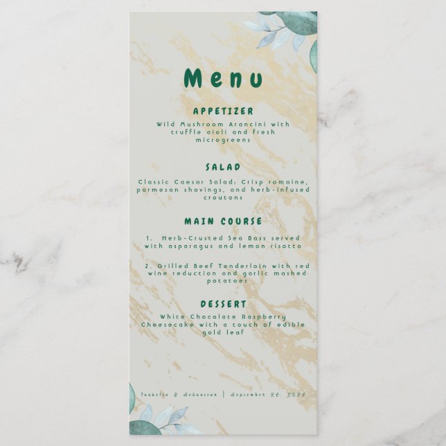 Menu de mariage élégant vert sauge et or (Devant)