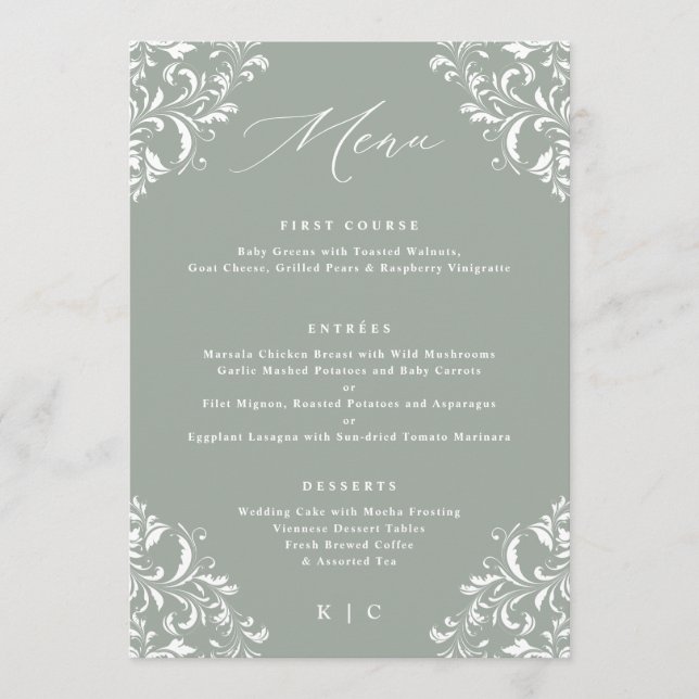 Menu de mariage élégant vert sauge vintage (Devant)