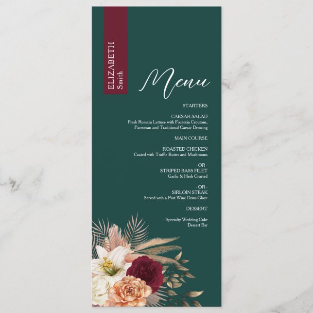 Menu de mariage Emerald Burgundy avec nom (Devant)