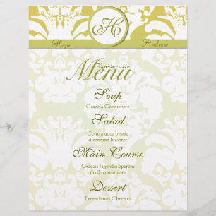 Menu de mariage en damassé vert citron et or avec 