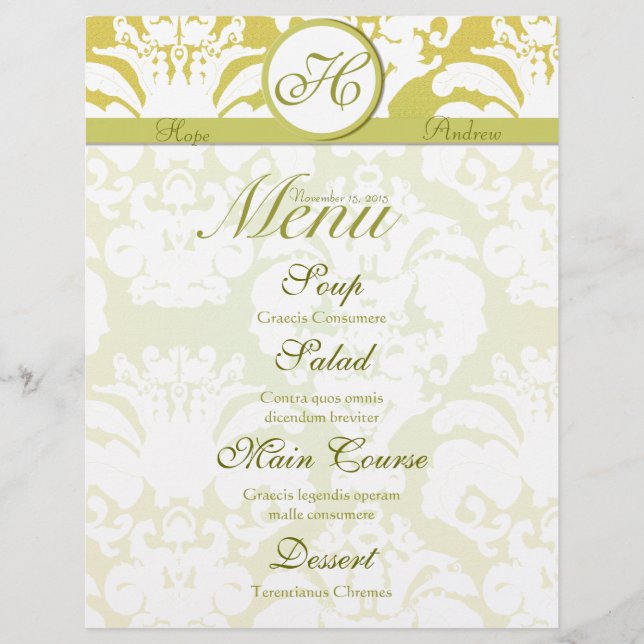 Menu de mariage en damassé vert citron et or avec  (Devant)