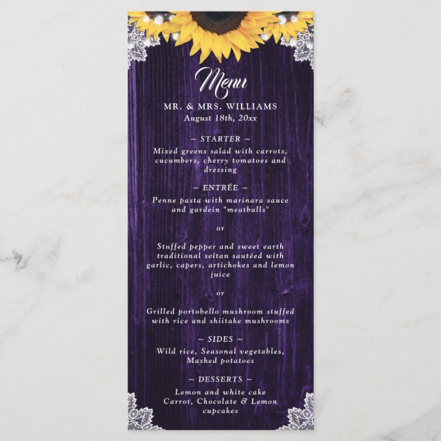 Menu de mariage en dentelle fleurie bois pourpre t (Devant)