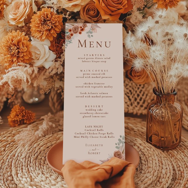 Menu de mariage en herbe de Pampas florale en terr (Boho Terracotta Floral Pampas Grass Wedding Menu on a boho table with terracotta dry flowers)
