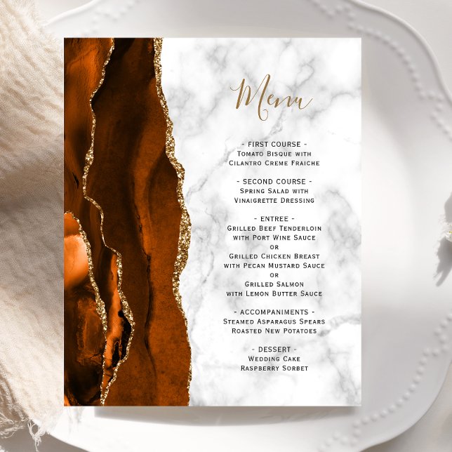 Menu de mariage en marbre agate orange brûlé doré (Créateur téléchargé)