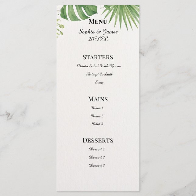 Menu de mariage en marbre avec feuilles de palmier (Devant)