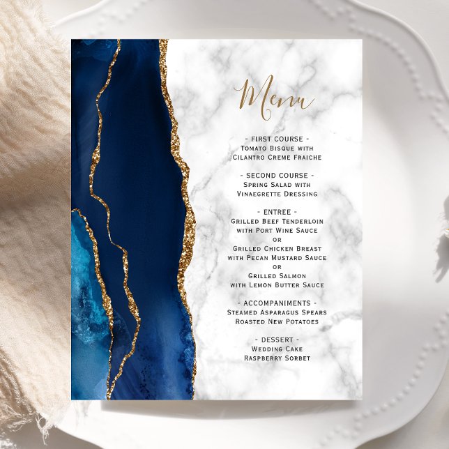 Menu de mariage en marbre bleu or or agate bon mar (Créateur téléchargé)