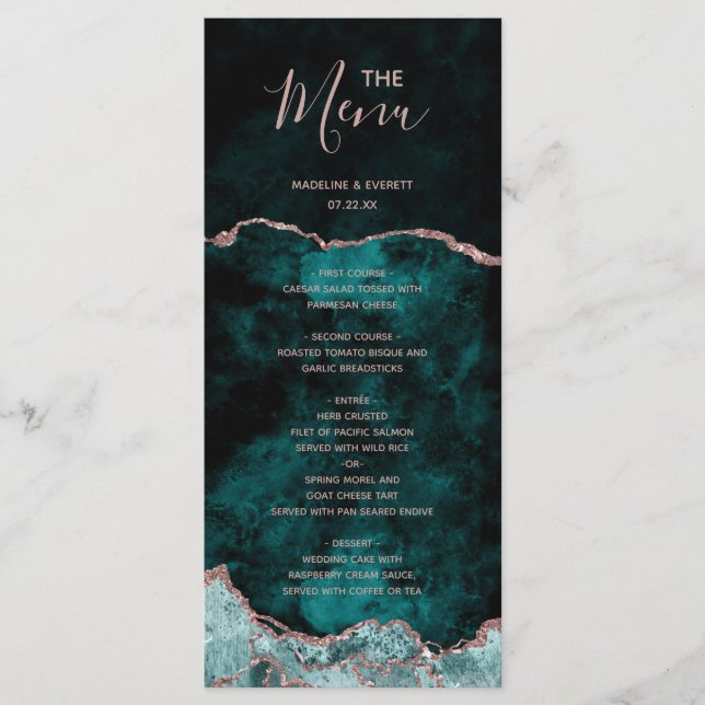 Menu de mariage en marbre d'agate vert paon or ros (Devant)
