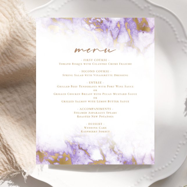 Menu de mariage en marbre lavande doré de qualité  (Créateur téléchargé)