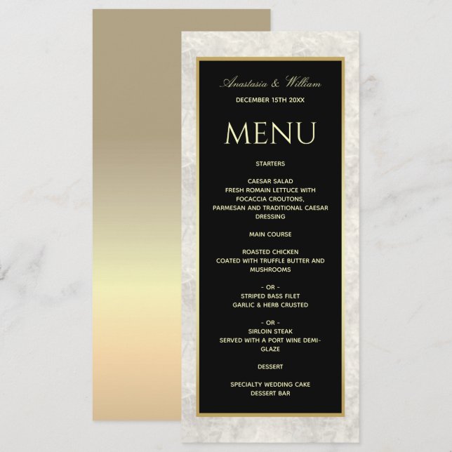 Menu de mariage en marbre noir et blanc (Devant / Derrière)
