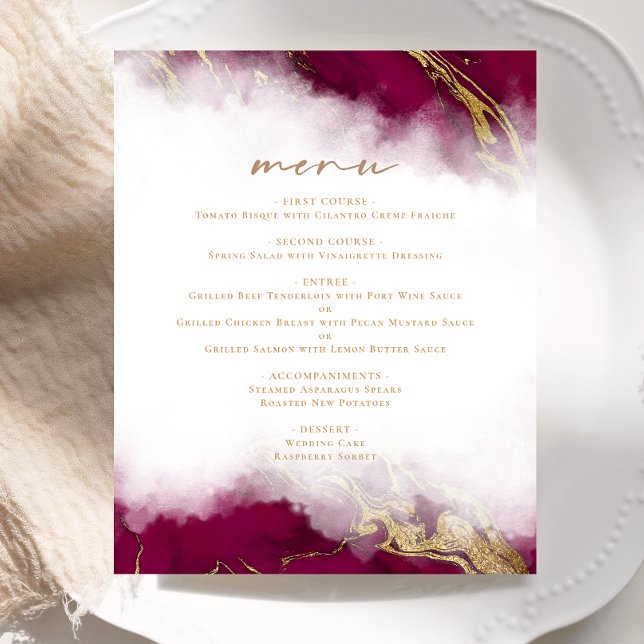 Menu de mariage en marbre rouge Bourgogne doré (Créateur téléchargé)