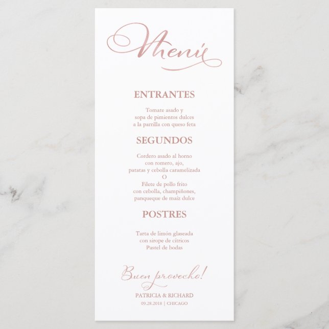 Menu de mariage en or rose, texte espagnol (Devant)