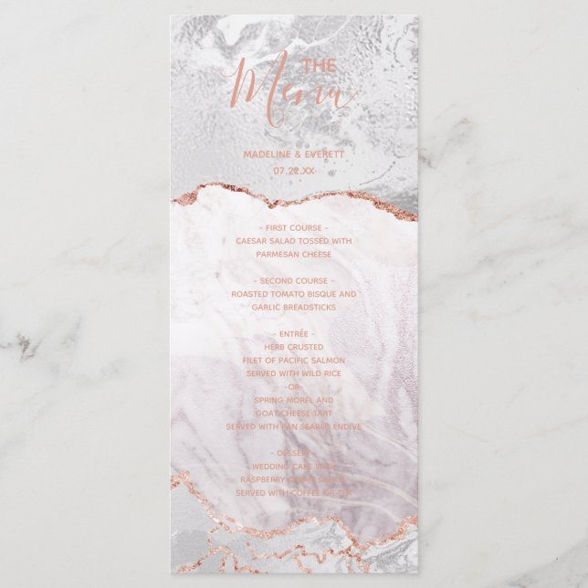 Menu de mariage en papier d'aluminium Marbre Agate (Devant)