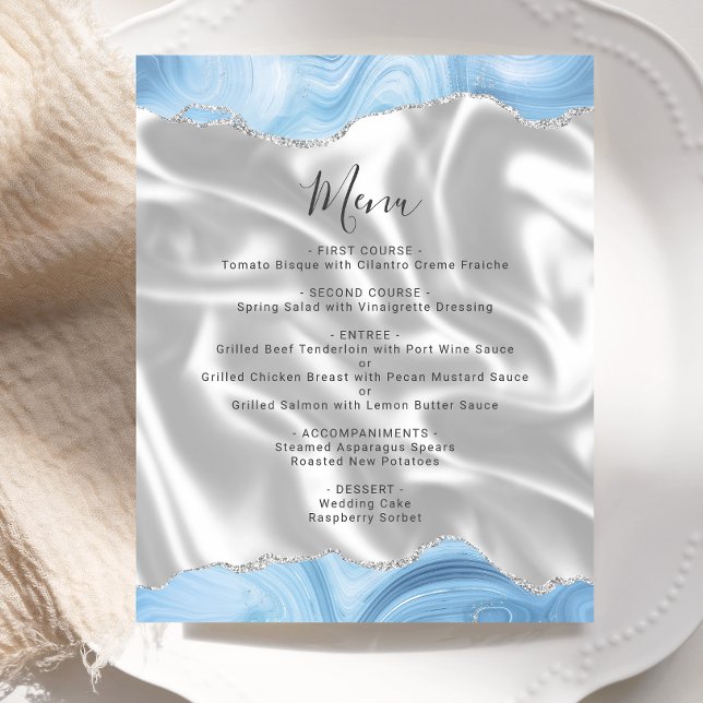 Menu de mariage en soie bleu bébé argenté agate Bu (Créateur téléchargé)