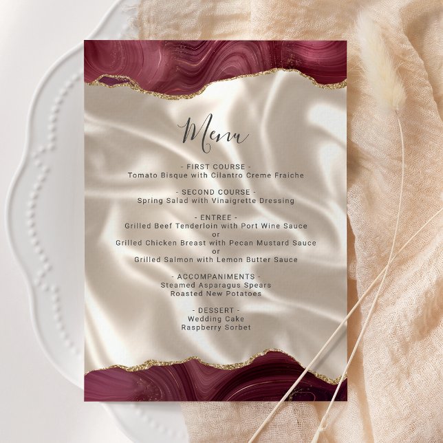 Menu de mariage en soie d'agate dorée de Bourgogne (Créateur téléchargé)