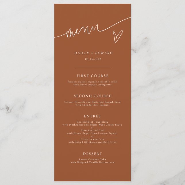 Menu de mariage en terre cuite à écriture moderne (Devant)
