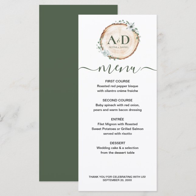 Menu de mariage en tranche de bois botanique pour  (Devant / Derrière)