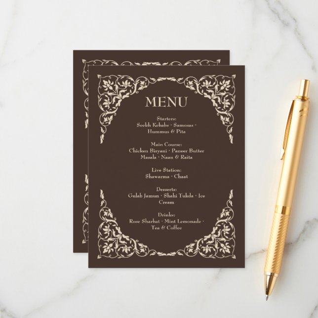 Menu de mariage Espresso Luxe marron et beige (Devant/Arrière en situation)