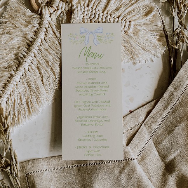 Menu de mariage estival floral avec un nœud bleu d (Créateur téléchargé)