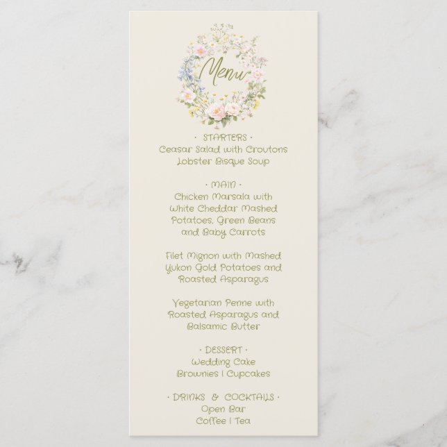 Menu de mariage estival floral dessiné à la main  (Devant)