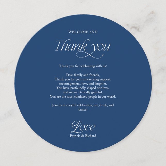 Menu de mariage et carte de remerciement Blue Circ (Devant)