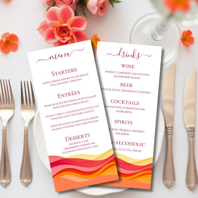 Menu de mariage et de bar pour le dîner avec les v (Sunset Color Waves Modern Wedding  Dinner and Bar Menu)